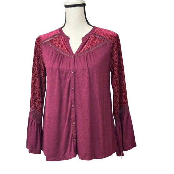 Style & Co Petite Velvet-Trim Blouse, Scarlet Wine, Sz. PM - Picture 1 of 11